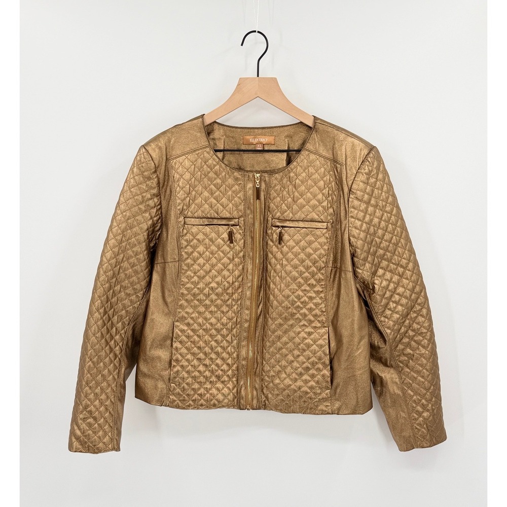 Ellen Tracy Metallic Gold Quilted Womens XL Jacket Glam Statement Party Holiday